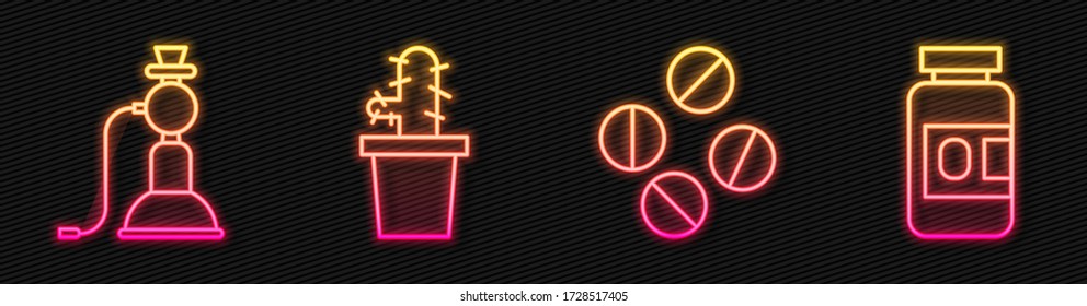 Set line Medicine pill or tablet, Hookah, Cactus peyote in pot and Medicine bottle and pills. Glowing neon icon. Vector