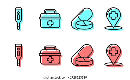 Set line Medicine pill or tablet, Medical digital thermometer, First aid kit and Map pointer with cross hospital icon. Vector