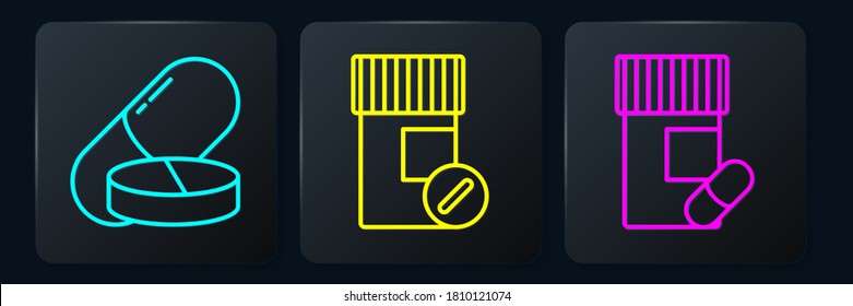 Set-line Medizin Pille oder Tablette, Arzneimittel Flasche und Tabletten und Arzneimittel Flasche und Pillen. Schwarze Quadrat-Taste. Vektorgrafik