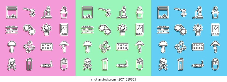 Set Line Medicine Pill Or Tablet, Psilocybin Mushroom, Open Matchbox And Matches, Hookah, Handcuffs, Cocaine Heroin Drug, Plastic Bag Of And Marijuana Cannabis Plant Pot Icon. Vector