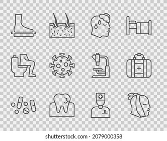 Set line Medicine pill or tablet, Toothache, High human body temperature, with caries, Flat foot, Virus, Male doctor and First aid kit icon. Vector