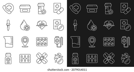 Set line Medicine pill or tablet, IV bag, Medical prescription, bottle, Blood test and virus, Pipette, Emergency phone call to hospital and Heart rate icon. Vector