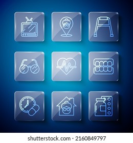 Set line Medicine pill or tablet, Nursing home, Pills blister pack, Walker, Heart rate, Eyeglasses, Retro tv and False jaw icon. Vector