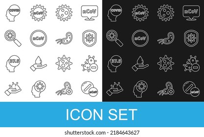 Set line Medicine pill or tablet, Negative virus, Shield protecting from, Virus, Corona 2019-nCoV, under magnifying glass, covid-19 and  icon. Vector