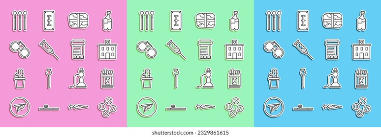 Línea Medicina o tablet, Caja de cigarrillos abierta, Edificio de hospitales médicos, Paquete con cocaína, Jeringa, Esposas, Coches y píldoras de botella. Vector