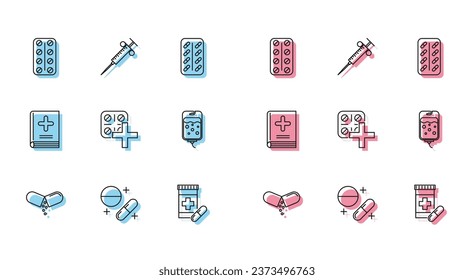 Set line Medicine pill or tablet, Pills blister pack, bottle and pills, IV bag, Medical book and Syringe icon. Vector