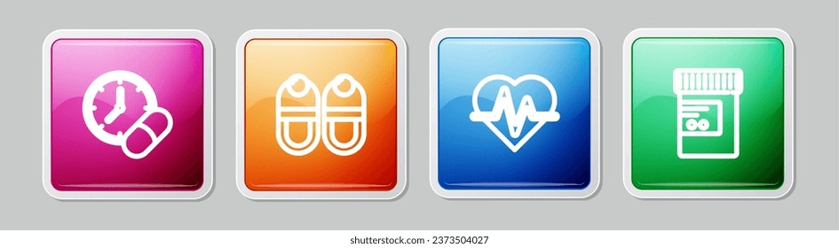 Set line Medicine pill or tablet, Slippers, Heart rate and bottle and pills. Colorful square button. Vector