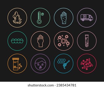 Set line Medicine pill or tablet, Test tube and flask, Hand with psoriasis eczema, Chicken egg box, Runny nose, Bacteria and Medical digital thermometer icon. Vector