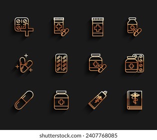 Set line Medicine pill or tablet, bottle, Pills blister pack, Ointment cream tube medicine, Medical book, and pills and  icon. Vector
