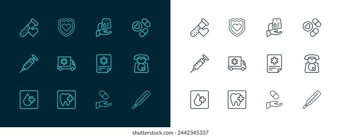 Set line Medicine pill or tablet, Dental clinic location, Patient record, Medical prescription, Ambulance car, Blood donation, Test tube with blood and Immune system icon. Vector