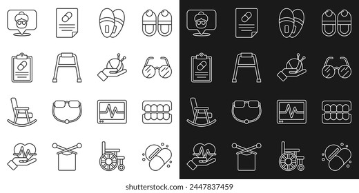 Set line Medicine pill or tablet, False jaw, Eyeglasses, Slippers, Walker, Medical prescription, Nursing home and Yarn ball with knitting needles icon. Vector