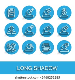 Set line Medicine pill or tablet, Finding problem psychology, Psychological test, Online psychological counseling, Psychology, Solution and  icon. Vector