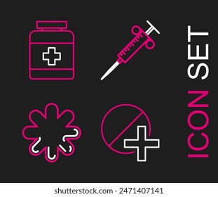 Set line Medicine pill or tablet, Cross hospital medical, Syringe and bottle icon. Vector