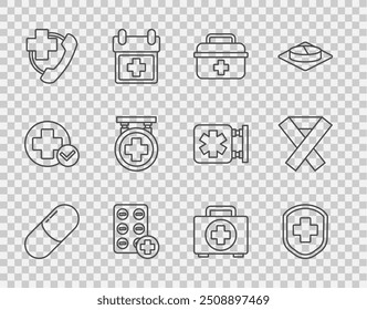 Set line Medicine pill or tablet, Medical shield with cross, First aid kit, Pills blister pack, Emergency phone call to hospital, Hospital signboard,  and Awareness ribbon icon. Vector