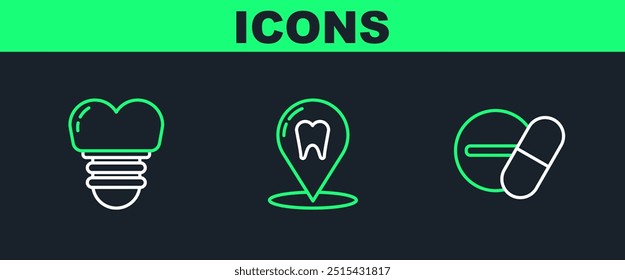 Píldora o tableta de la medicina, implante dental e icono de la ubicación de la clínica. Vector