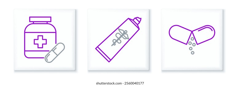 Set line Medicine pill or tablet, bottle and pills and Ointment cream tube medicine icon. Vector