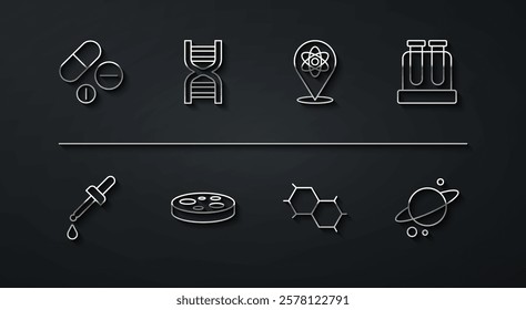 Set line Medicine pill or tablet, Pipette, Test tube, Chemical formula, Petri dish with bacteria, DNA symbol, Planet Saturn and Atom icon. Vector