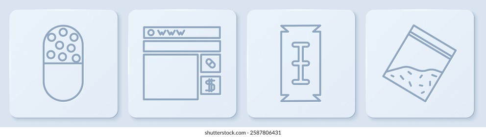 Set line Medicine pill or tablet, Blade razor, Buying drugs online and Plastic bag of drug. White square button. Vector