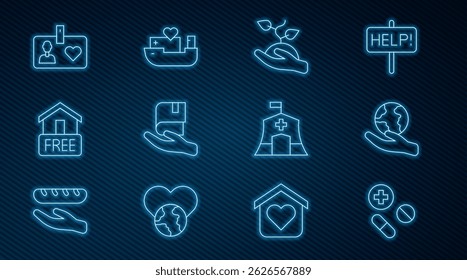 Set line Medicine pill or tablet, Hand holding Earth globe, Volunteer team planting trees, Book donation, Free home delivery, id card badge, Emergency medical tent and Humanitarian ship icon. Vector