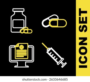 Set-Linie Medizin Pille oder Tablet, Spritze, Klinische Aufzeichnung auf Monitor und Flasche und Pillen-Symbol. Vektorgrafik