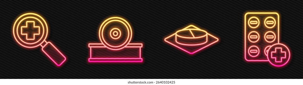 Set line Medicine pill or tablet, Magnifying glass for search medical, Otolaryngological head reflector and Pills in blister pack. Glowing neon icon. Vector