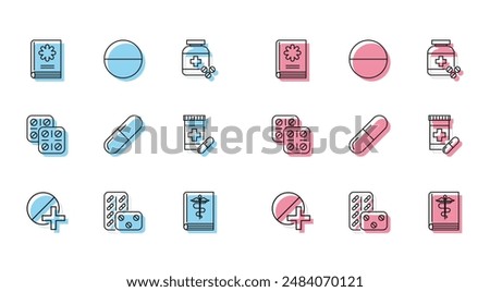 Set line Medicine pill or tablet, Pills blister pack, Medical book, bottle and pills,  and  icon. Vector