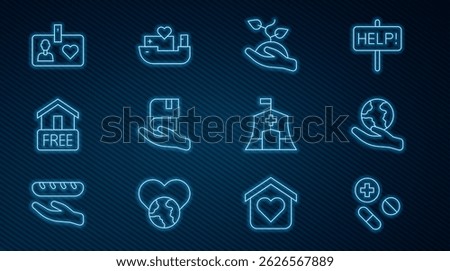 Set line Medicine pill or tablet, Hand holding Earth globe, Volunteer team planting trees, Book donation, Free home delivery, id card badge, Emergency medical tent and Humanitarian ship icon. Vector