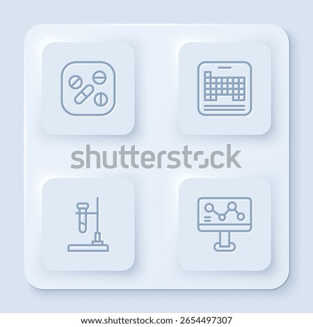 Set line Medicine pill or tablet, Periodic, Test tube flask on fire and Chemical formula. White square button. Vector