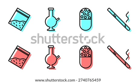 Set line Medicine pill or tablet, Plastic bag of drug, Glass bong for smoking marijuana and Cigarette icon. Vector