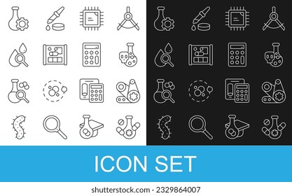 Set line Medicine pill, Timing belt kit, Test tube with toxic liquid, Processor CPU, Graphing paper for engineering, Drop and magnifying glass,  and Calculator icon. Vector