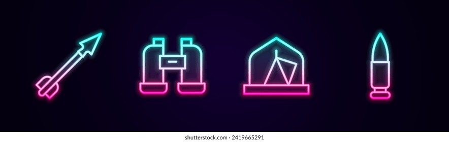 Fijar la flecha medieval, Binoculares, tienda de campaña turística y Bullet. Icono de neón brillante. Vector