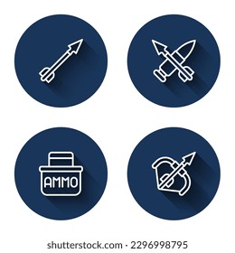 Set line Medieval arrow, Crossed bullet with, Ammunition box and bow and with long shadow. Blue circle button. Vector