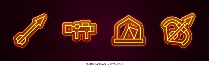 Set line Medieval arrow, Sniper optical sight, Tourist tent and bow and. Glowing neon icon. Vector
