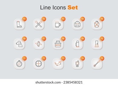 Set line Medieval arrow, Walkie talkie, Hunting horn, Sniper optical sight, Compass, Cartridges, Thermos container and Ammunition box icon. Vector