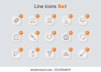 Set line flechas medievales, premio sobre el podio ganador de los deportes, medalla, agitador de la aptitud, silbato, ritmo cardíaco, pelota de voleibol e icono. Vector