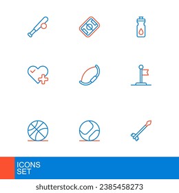 Fija flechas medievales, pelota de béisbol, baloncesto, bandera, ritmo cardíaco, arco, agitador de fitness e ícono de campo de fútbol. Vector