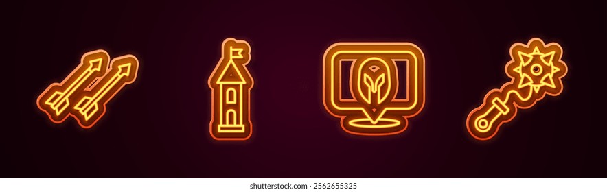 Set line Medieval arrows, Castle tower, helmet and Mace with spikes. Glowing neon icon. Vector