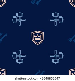Fije las flechas medievales, los martillos cruzados de la batalla y el escudo con la corona en modelo inconsútil. Vector