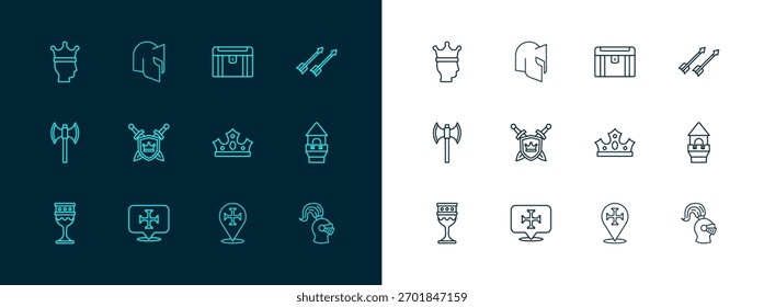 Set line Medieval arrows, Crusade, King crown, Shield with swords, Antique treasure chest,  and helmet icon. Vector