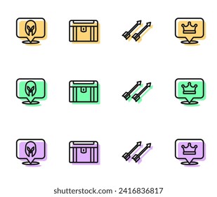 Set line Medieval arrows, helmet, Antique treasure chest and King crown icon. Vector