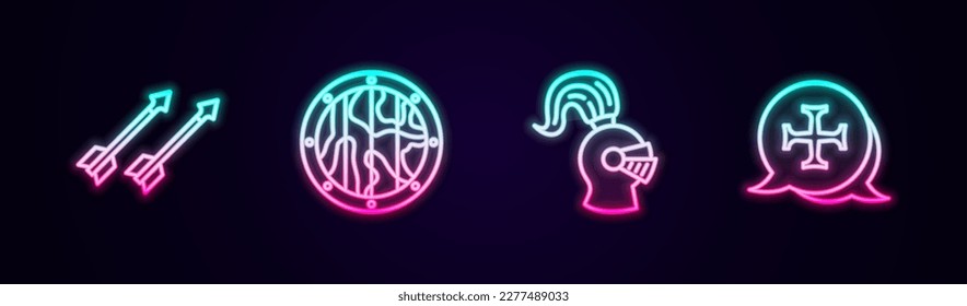 Set line Medieval arrows, Round wooden shield, helmet and Crusade. Glowing neon icon. Vector