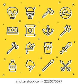 Set line Medieval arrows, sword, Mace with spikes, Wooden axe, Decree, parchment, scroll, King crown, Skull and Anchor icon. Vector