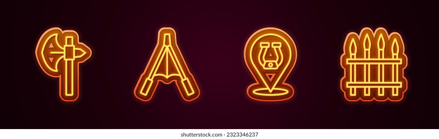 Set line Medieval axe, Air blower bellows, Horseshoe and Classic iron fence. Glowing neon icon. Vector
