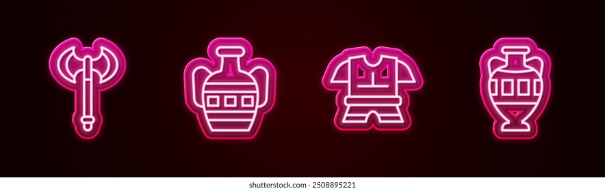 Set line Hacha medieval, ánforas antiguas, chalecos antibalas y . Icono de neón brillante. Vector