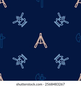 Set line Medieval axe, Anvil and hammer and Air blower bellows on seamless pattern. Vector
