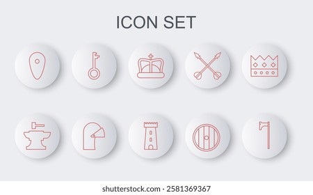 Set line Medieval axe, Anvil for blacksmithing hammer, King crown, Round wooden shield, Shield, Old key, iron helmet and Castle tower icon. Vector