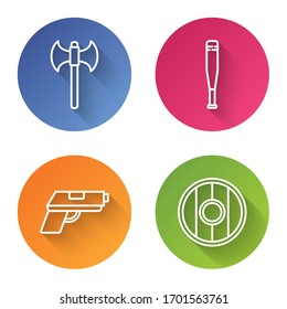 Fije la línea de hacha medieval, bate de béisbol, Pistol o pistola y escudo de madera redonda. Botón de círculo de color. Vector