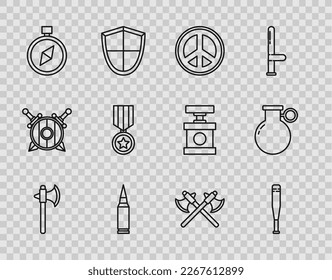 Fijar la línea de hacha medieval, bate de béisbol, Paz, Bullet, brújula, medalla de recompensa militar, hachas medievales cruzadas e ícono de granada de mano. Vector