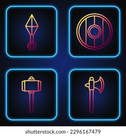 Set line Medieval axe, Battle hammer, Japanese ninja shuriken and Round wooden shield. Gradient color icons. Vector