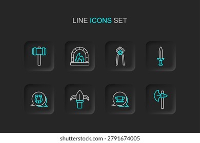 Set line Medieval axe, Blacksmith anvil tool, Classic iron fence, Horseshoe, sword, pliers, oven and Sledgehammer icon. Vector